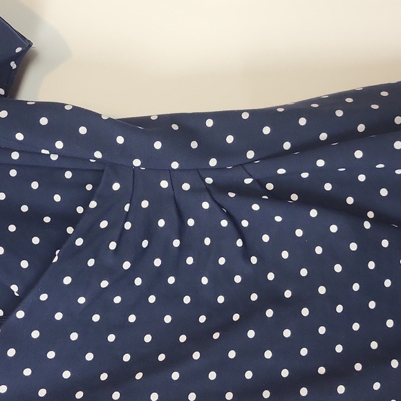 LANDS' END Navy Blue White Polka-dot Top Faux Wrap Side Ruched Knit Dress - Picture 5 of 12